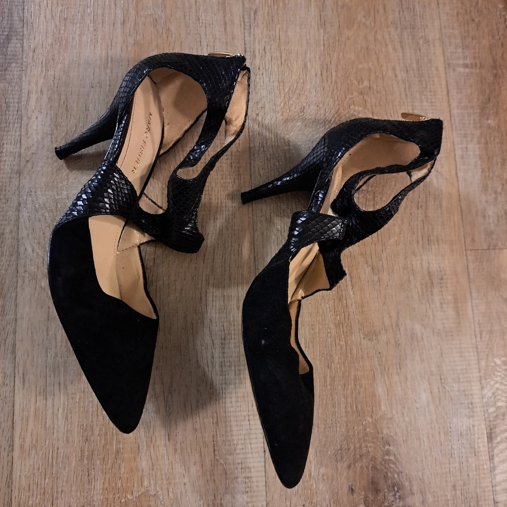 Marc Fisher Black Suede & Faux-Snake Heels Women's Size 8